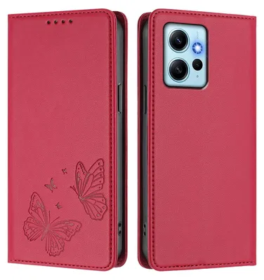 Produktbild von Lederhülle für Xiaomi Redmi Note 12 4G, Schmetterling Prägung Leder Brieftasche Schutzhülle mit Ständer Rot