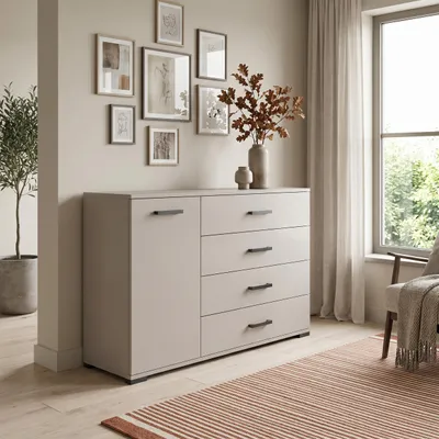 Produktbild von Masseno Kommode ALBANO 120 cm Sideboard mit 4 Schubladen und 1 Türen für Wohnzimmer Schlafzimmer Modern 120x40x83 cm Kaschmir