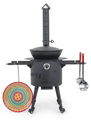 Produktbild von Utschak Feuerofen Ø 40 cm + Gusseisen-Kasan 12 L, runder Boden + Küchenzubehör, Usbekischer Kochtopf aus Gusseisen