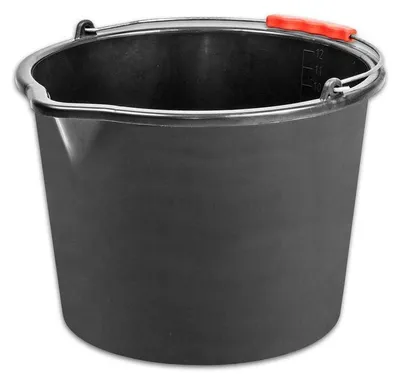 A black plastic bucket with a metal handle and a red plastic grip.