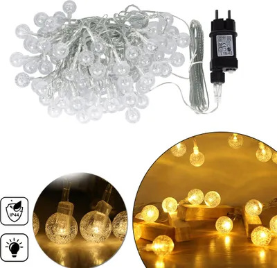 A collage of images showing LED string lights with crystal balls, a power adapter, and icons indicating IP44 water resistance and LED lighting.