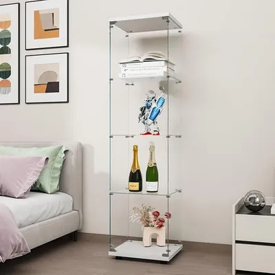 Produktbild von Glasvitrine Standvitrine in Weiß, Modern Glas Holz Vitrine Sammlervitrine Vitrinenschrank mit 4 Böden aus ESG für Sammlerstücke Bücher Wein, für Büro Wohnzimmer Küche, 164x42.5x36.5cm