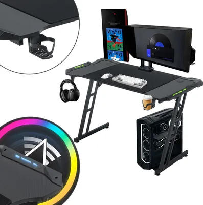 Produktbild von YUENFONG 140 x 60cm Gaming Tisch, Gaming Schreibtisch mit LED Beleuchtung, Kopfhörerhaken und Getränkehalter, Stabiler Computertisch, PC Tisch Gaming (Tye B mit LED)