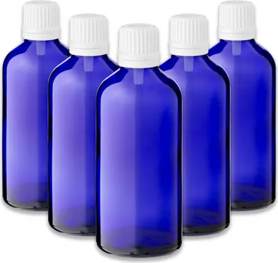 Produktbild von 5x Blaue Glasflasche 100 ml mit weißem Tropfeinsatz Tropfer Tropfen