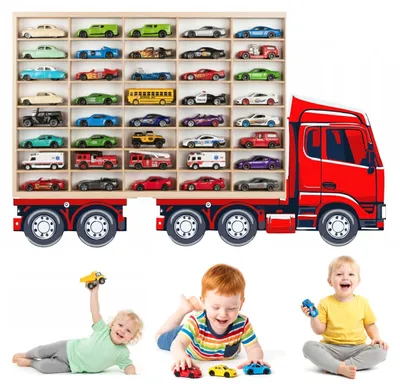 Modellauto-Regal für 40 Autos 1:64 – Wandregal & Setzkasten für Spielzeugautos, Lkw-Motiv, Rot, Birken-Sperrholz – mit Modellautos an der Wand