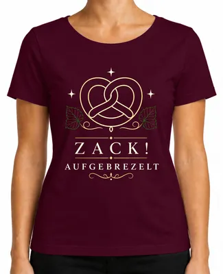 Produktbild von Zack Aufgebrezelt Brezel Bayern Trachtenshirt Lederhose Dirndl JGA Damen T-Shirt, Burgundy, M