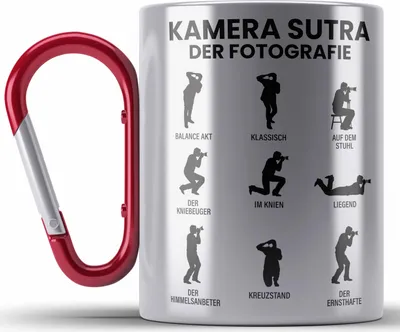 Produktbild von Trendation - Fotograf Edelstahl Tasse Karabiner Zubehör Fotografie Geschenk Fotografieren Karabiner Edelstahl Tasse Karabiner Edelstahl Geschenkideen Lustiger Spruch Kamera Sutra (Rot)