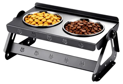 Produktbild von Erhöhter Hundenapf mit 2 großen Edelstahlnäpfen, höhenverstellbar von 8,5 bis 17 cm, neigbare Futterstation, BPA-frei für große, mittelgroße und kleine Hunde (Schwarz)
