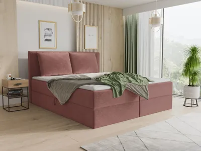 Produktbild von Boxspringbett Egro mit 2 Bettkästen und Zwei große Kissen - Doppelbett mit Bonell-Matratze und Topper, Polsterbett (Pink (Kronos 29), 160 x 200 cm)