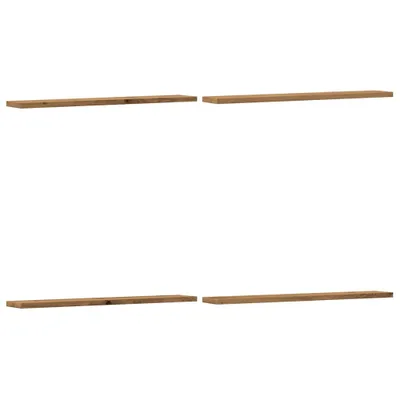 Four wooden shelves arranged horizontally on a white background, with two shelves in the top half and two in the bottom half.