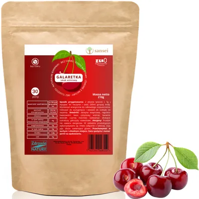 Zdjęcie produktu dla GALARETKA BEZ CUKRU 210g NISKOKALORYCZNA WIŚNIA SANSEI - 30 Porcji FIT KETO bez glutenu, bez tłuszczu, bez węglowodanów tylko 9,5 kcal porcja