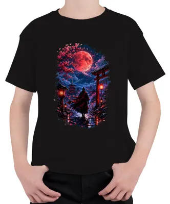 Productafbeelding van Samurai, Ronin, Japan, Torii, Fuji, Katana, Kersenbloesem, Y2K, Bushido, Zen, Kinder T-shirt, Zwart, 128