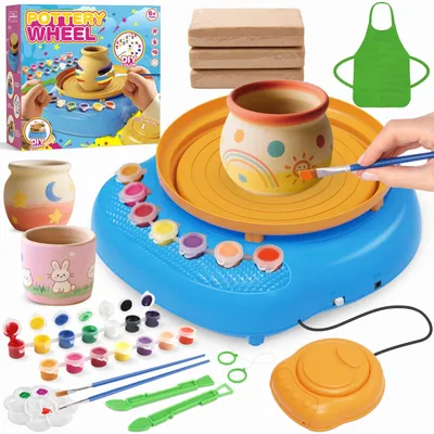 Produktbild von Töpferscheibe Kinder Töpfer-Set Kreativset für Anfänger - 12 Farben - Mit Schürze - Gelb und Blau