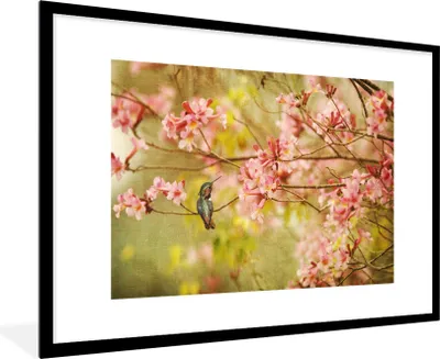 Produktbild von MuchoWow® Gerahmtes Poster Vogel - Kolibri - Blüte - Rosa 90x60 cm - Poster mit Schwarzem Bilderrahmen Wandposter Rahmen Foto Bilder - Wanddekoration - Fotos