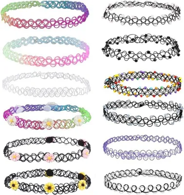 Produktbild von Tattoo Choker Halskette, 12 Gummiketten und Armbänder, Regenbogen, Vintage, für Mädchen