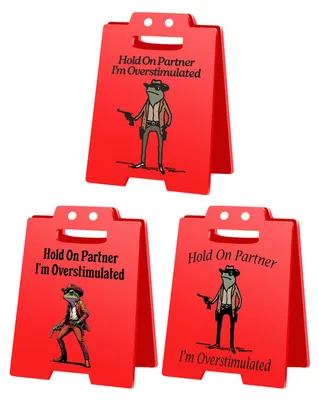 Produktbild von 1/2/3 Stück „Vorsicht Überreizung“-Tischschild mit Cowboy-Frosch-Motiv – Halt durch, Partner, ich bin überreizt! Mini-Tischschild für Zuhause oder Büro – Scherzartikel für Kollegen