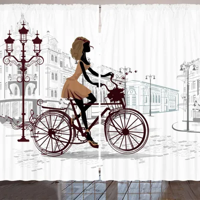 Produktbild von ARANDE Teen Zimmer Gardine, Junges Mädchen in Paris-Straßen mit Fahrrad-französischer Art-Anzeige, 280 x 225 cm, Braun Kastanienbraun