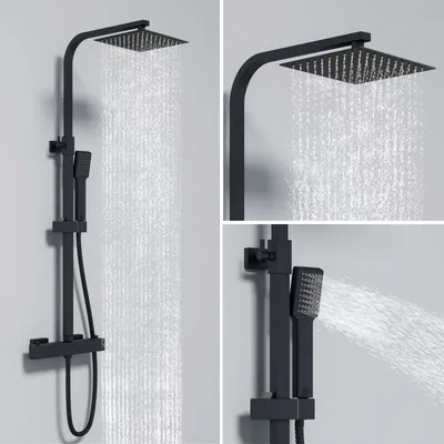 Produktbild von Duschsystem mit Thermostat 38℃ Duscharmatur Schwarz Regendusche Duschset Dusche inkl. Regal verstellbarer Edelstahl Duschstange Duschset