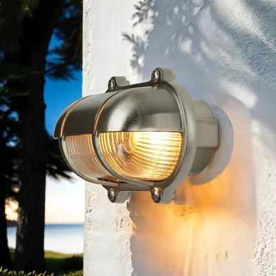 Produktbild von Maritime Messinglampe in Nickel rostfrei IP64 Riffelglas Außenleuchte Wandlampe Haus Terrasse