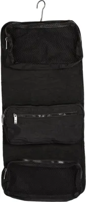 A black hanging toiletry bag with multiple compartments and a hook for hanging.