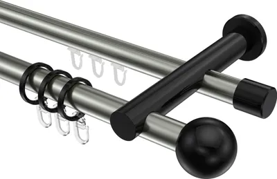 Produktbild von Interdeco Rundrohr-Innenlaufstange / Gardinenstange (Kombination) Edelstahl-Optik / Schwarz, Typ Platon Luino (Kugel), 20 mm Ø 2-läufig, 260 cm