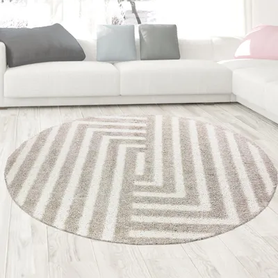 Zdjęcie produktu dla Miękki dywan z wysokim włosiem i wzorem w linie Przytulny i nowoczesny w kolorze beżowym Rozmiar - 120 cm Okrągły
