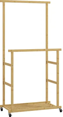 Produktbild von Kleiderständer mit Rollen, Garderobenständer mit Kleiderstange, Schuhablage, aus Bambus, 80 x 40 x 160 cm, Natur