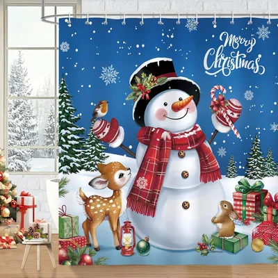 Image de Rideau de douche de Noël avec motif de personnages de bain, tissu polyester lavable, rideau de salle de bain de 180 x 180 cm avec 12 crochets