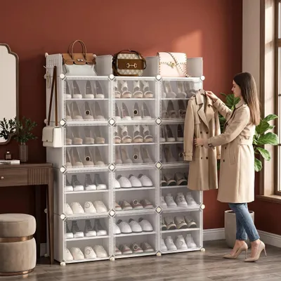 Produktbild von Schuhregal, 12 Schuhschrank mit Türen und Haken, 36 x 125 x 161 cm | Kunststoff-Schuhregal, für 48 Paar Schuhe, Schuhschrank für Flur, Schlafzimmer,