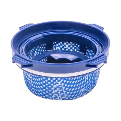 A close-up shot of a blue and white vacuum cleaner filter.