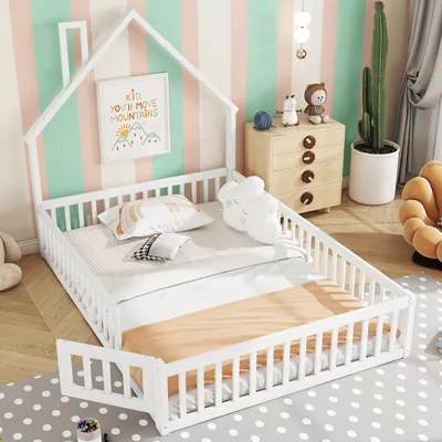 Produktbild von Flieks Kinderbett Hausbett 140x200cm mit Lattenrost, Bodenbett mit Rausfallschutz und Tür, Doppelbett Holzbett für Kinderzimmer, Weiß