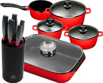 Produktbild von 11tlg. KING Vorteilsset ROT: 4tlg. Kochtopfset Aluguss Rot 3xKochtöpfe in Ø16,Ø20,Ø24cm, 1xStieltopf Ø16cm + 6tlg. Messerset CARBON RED LINE, 5 Messer plus Messerblock + 40x26cm Bräter Aluguss, mit Glasdeckel und Aromaknopf / Farbe: Rot