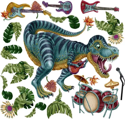 Produktbild von Wandaufkleber Kinderzimmer – Wandsticker für Baby & Kinder – Selbstklebende Wanddekoration – Abnehmbar ohne Rückstände – Deko für Mädchen & Jungen - Cartoon-Dinosaurier mit Instrumenten und Grünzeug130x193 cm