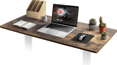 A desk tabletop with a laptop, mouse, notebook, and plants.