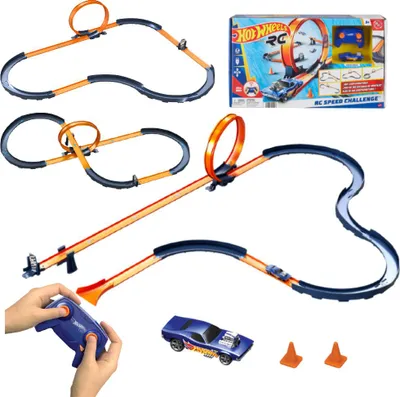 Produktbild von Hot Wheels R/C RC Speed Challenge Trackset und batteriebetriebene Fernbedienung, Spielzeugauto im Maßstab 1:64, mehr als 30 Trackteile, Fahrzeug- & Schienen-Set, 5 Jahr(e), Kunststoff, Mehrfarbig