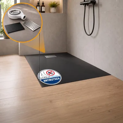 Produktbild von Dalsys Duschwanne 100x80cm mit Ablaufgarnitur - flache Duschtasse in Steinoptik inkl. Siphon - bodengleiche Dusche schwarz