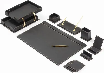 Produktbild von Lederschreibtisch-Set - SCHWARZ - Schreibtisch-Accessoires-Set - 12 Accessoires - Büro-Schreibtisch-Organizer-Set - handgefertigtes Lederschreibtisch-