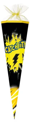 Produktbild von Große Schultüte / Zuckertüte Catch It schwarz gelb mit Blitz Motiv passend zu Pokemon ca. 85 cm (Länge) | 6-eckig | Durchmesser ca. 25 cm