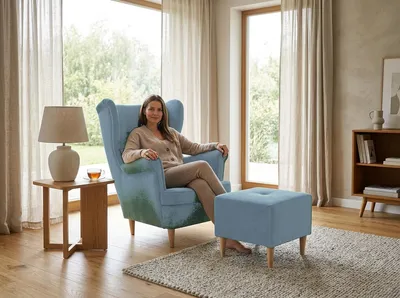Produktbild von Ohrensessel mit Hocker ARI Monolit Royal – skandinavisches Set, Velours Hellblau, Family Meble