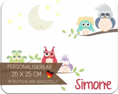 Produktbild von Kinder Frühstücksbrettchen Eule mit Name personalisiert, Kunststoff, 20x25 cm