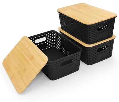 Produktbild von 3-teiliges Aufbewahrungsbox-Set mit Bambusdeckel, klein (5 Liter), schwarz, Badezimmer-Organizer, 25 x 18 x 10 cm, Kunststoffbox, Küchen-Organizer, Aufbewahrungsbox, stapelbare Box