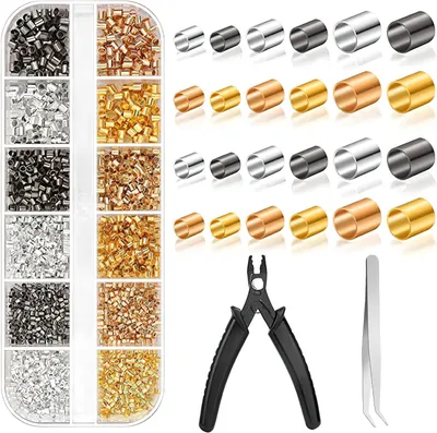 Obrázok produktu pre 2200 kusov sady korálok na zhotovovanie šperkov, trubičky na výrobu šperkov, 1,5/2/2,5 mm, korálky na zhotovovanie s lisovacím nástrojom, 6 farieb, trubičky