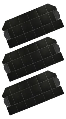 Three charcoal filters are arranged diagonally on a white background.