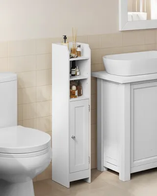 A white bathroom cabinet is shown next to a toilet and a sink.