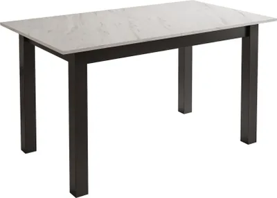 A rectangular dining table with a marble-patterned top and black legs, shown from a three-quarter angle against a white background.