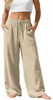 Produktbild von ASKSA Damen Leinenhose Sommer Lang Leichte Hose Musselin Weites Bein Stoffhose Einfarbig Freizeithose mit Taschen Khaki XXL