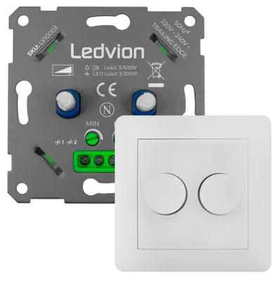 Produktbild von Ledvion LED Doppeldimmer Schalter 100W 240V weiß Abdeckrahmen dimmbar