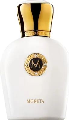 A close-up studio shot of a white perfume bottle with a gold cap and gold emblem.