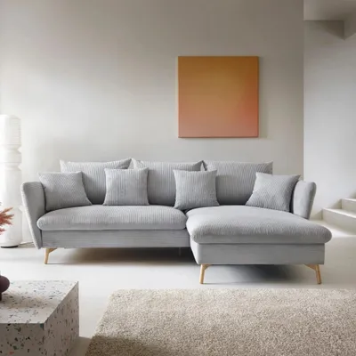 Produktbild von Ecksofa MORRE Poso 55 Hellgrau Grau Cord Breitcord Schlafsofa Bettkasten Holzfüße Rechts