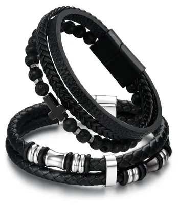 Immagine prodotto di Bracciali in pelle di alta qualità - Chiusura magnetica - Acciaio inossidabile - Neri - Resistenti - Lunghezza 21 cm - Bracciale